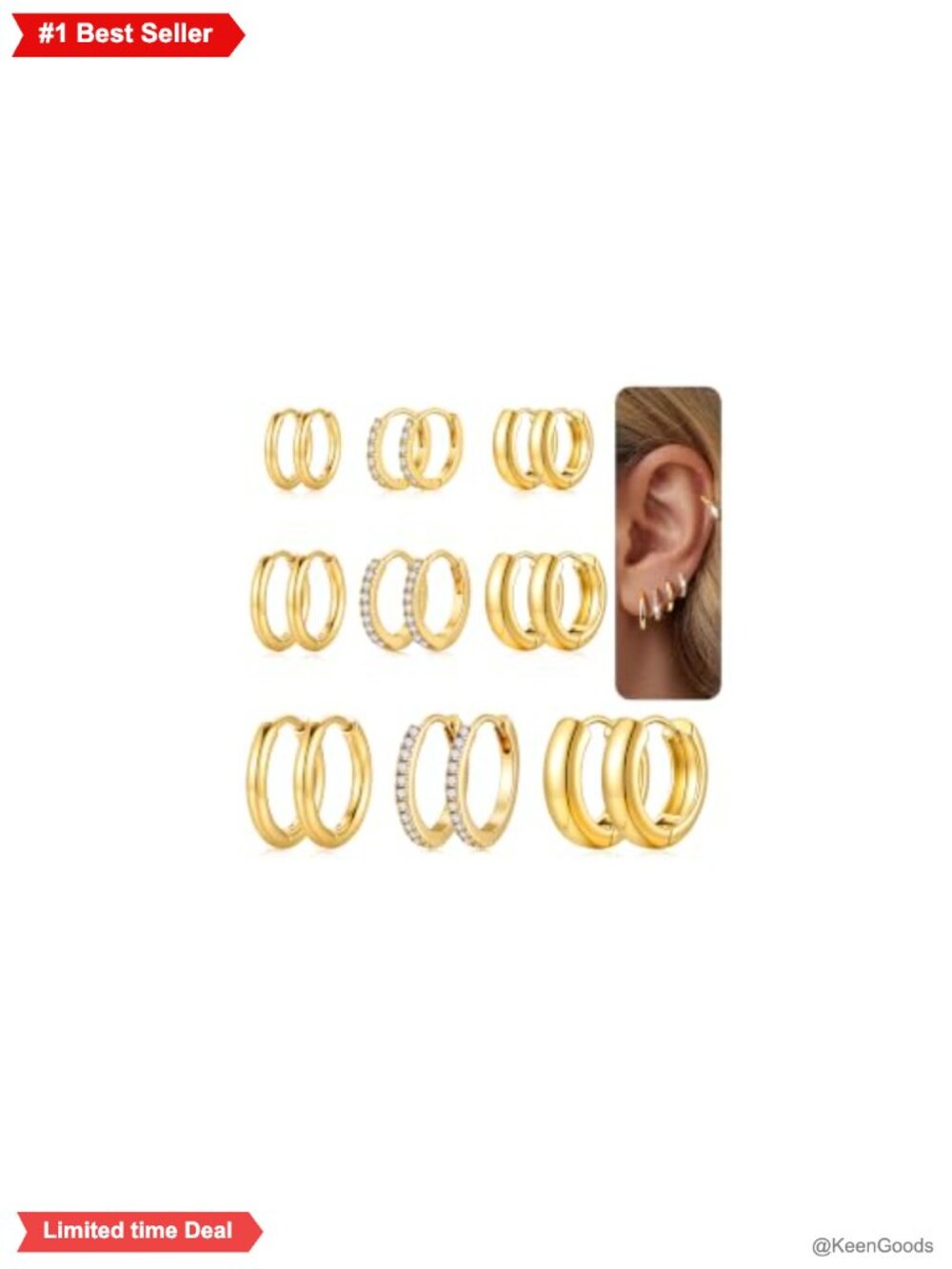 14K Gold Plated Hoop Earring Set CZ Huggie 9 Pairs